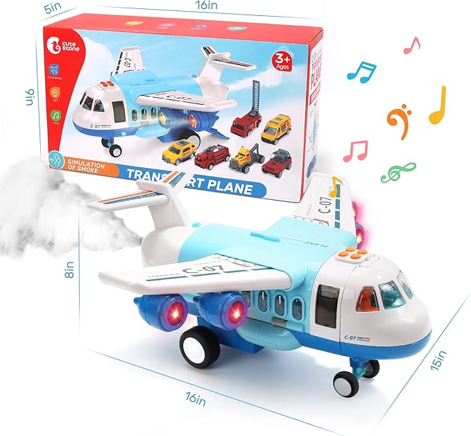 CUTE STONE Toy Airplane Plane Toy with Smoke, Sound and Light, Fricton Powered Airplane with Mini Cars, Great Gift for Boys and Girls