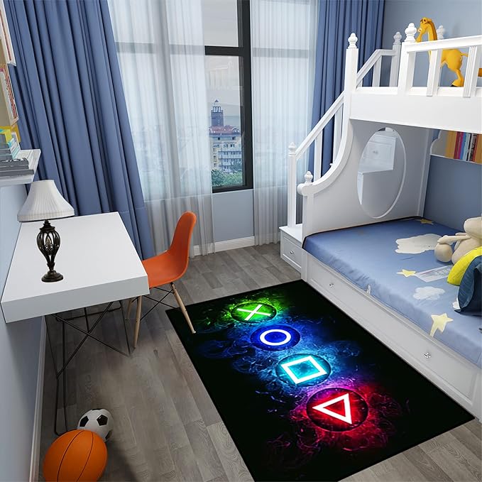 Video Game Controller Gamepad Home Decor Printed Large Area Rugs for Teen Boys Kids Play Bedroom, Black Polyester Fiber Floor Carpet Yoga Mat for Living Room
