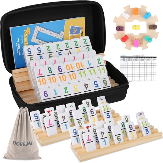 Double 12 Mexican Train Dominoes Set with 4 Wooden Racks & 91 Number Tiles Portable Travel Board Game for Kids and Adults Family Game Night