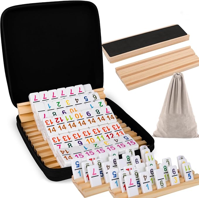Double 15 Mexican Train Dominoes Set with 8 Wooden Racks & 136 Number Tiles Portable Travel Board Game for Kids and Adults Family Game Night