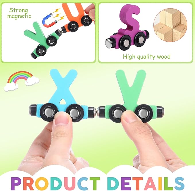 43 Pieces Magnetic Wooden Alphabet Number Toy Trains Set for Kids Toddlers, Including 26 Alphabet and 14 Number Trains with 3 Locomotives, Learning Toys for Kids Toddlers Preschool Learning Gift