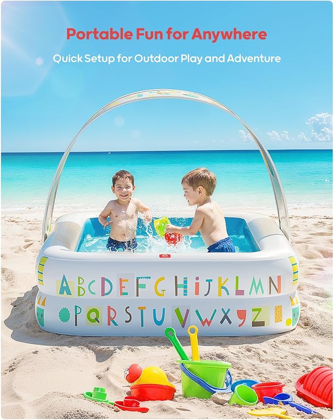 QPAU Kiddie Pool – 65" x 39" Inflatable Pool for Kids & Toddlers, Ball Pit & Baby Pool with Soft Cushioned Floor, Canopy for Sun Protection, Durable Outdoor Play Toys for Backyard & Indoor (Blue)