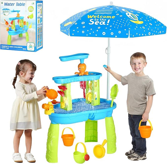 Hugut 2025 Upgraded 3-Tier Sand Water Table with Umbrella – Outdoor Backyard Sensory Activity Table for Kids, Perfect for Boys and Girls Summer Fun