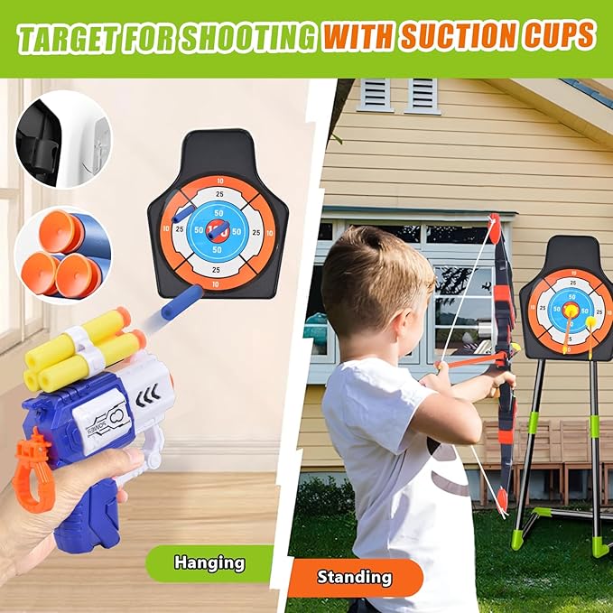 2 Pack Kids Bow And Arrow Set, with LED Light Up Archery, 20 Suction Cup Arrows, 2 Quiver, 1 Standing Target, 2 Soft Dart Guns&50 Soft Darts, Indoor Outdoor Birthday Gifts Toys for Boy Girl Ages 4-12