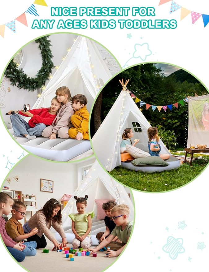Teepee Tent for Kids Slumber Party 6 Pack - Inflatable Airbed & Star Lights & Colored Flag - Indoor Outdoor Toddler Play Tent for Girls Boys Birthday Gifts Sleepover Party (White)