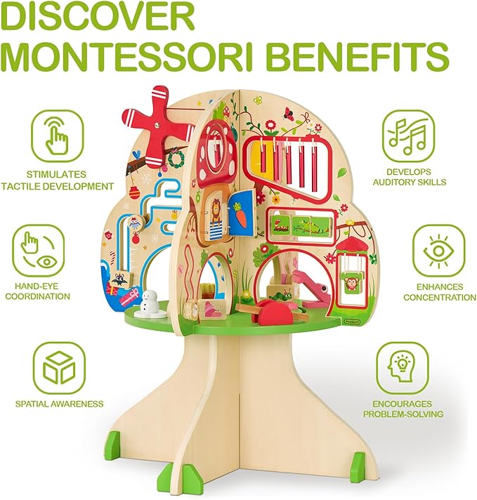 Monläurd® Wooden Tree Activity Center, Activity Center for Baby, Sensory Table for Toddlers 1-3, Activity Cube, Activity Table, Daycare Furniture, Daycare Essentials, Montessori Busy Board