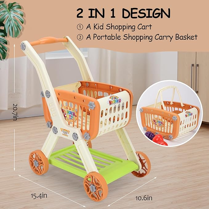 Kids Shopping Cart with Cutting Play Food Set for Kids Kitchen, 2 in 1 Shopping Cart for Kids Grocery Store Pretend Play Kitchen Accessories Sorting Food Bucket Learning Toys Gift for Toddler 3-5