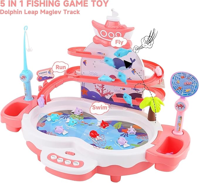 3in1 Fishing Game Toys for Kids with 34PCS Accessories Including Fishing Rod, Small Fish, Track, etc., STEM Toys with Music and Stories for Preschool Learning (Pink)