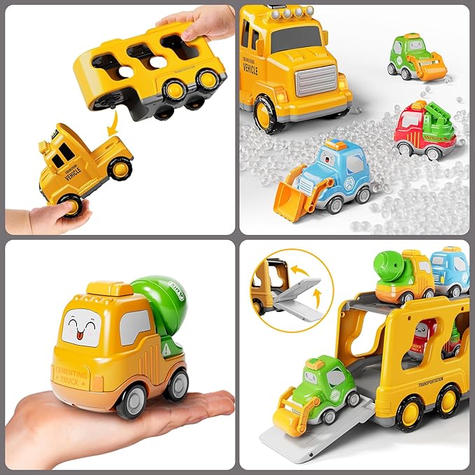 TEMI Construction Truck Toys for 1 2 3 4 5 6 Year Old Boys, 5-in-1 Friction Power Toy Vehicle in Carrier Truck, Toddler Toys Car for Boys Christmas Birthday Gift for Kids Aged 3+