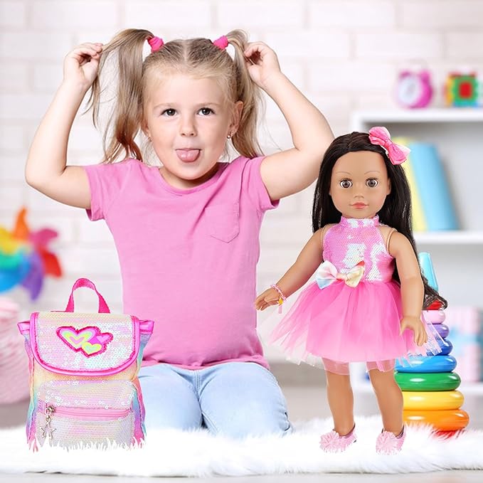 American 18 Inch Doll Clothes and Accessories, Sequin Doll Backpack Accessories Set Included 18 inch Girl Doll Backpack,Sequin Gauze Dress,Doll Shoes,Bow Knot Hairpin,Hand Chain(No Doll)