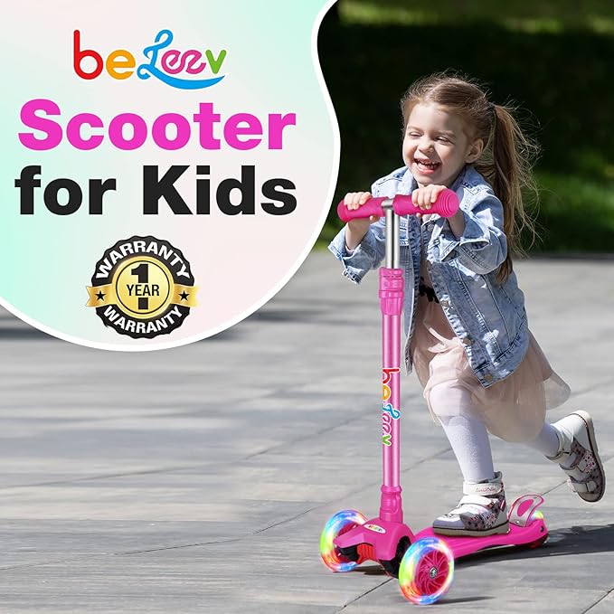 BELEEV A2 Scooters for Kids 3 Wheel Kick Scooter for Toddlers Girls Boys, 4 Adjustable Height, Lean to Steer, Light up Wheels, Extra-Wide Board, Easy to Assemble for Children Gift Sport Toys Ages 3-12