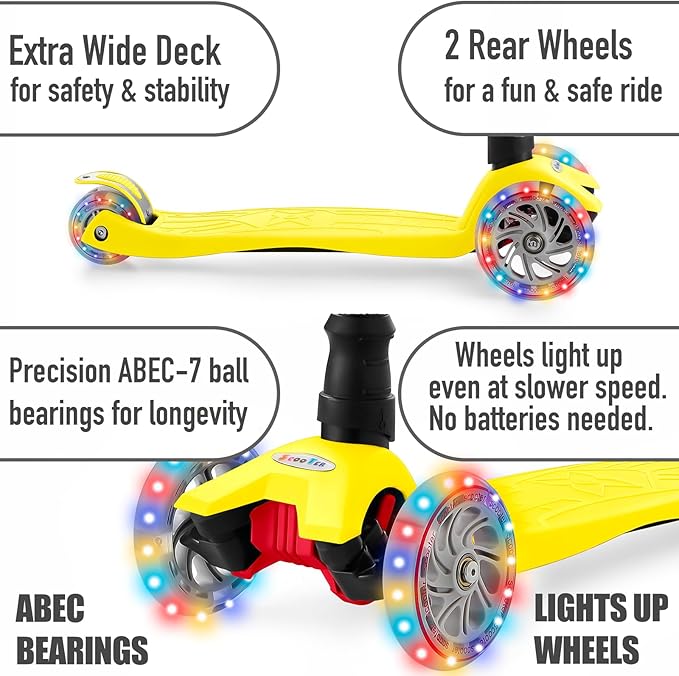 Scooters for Kids 3 Wheel Kick Scooter for Toddlers Girls & Boys, 4 Adjustable Height, Lean to Steer, Extra-Wide Deck, Light Up Wheels for Children from 3 to 14 Years Old