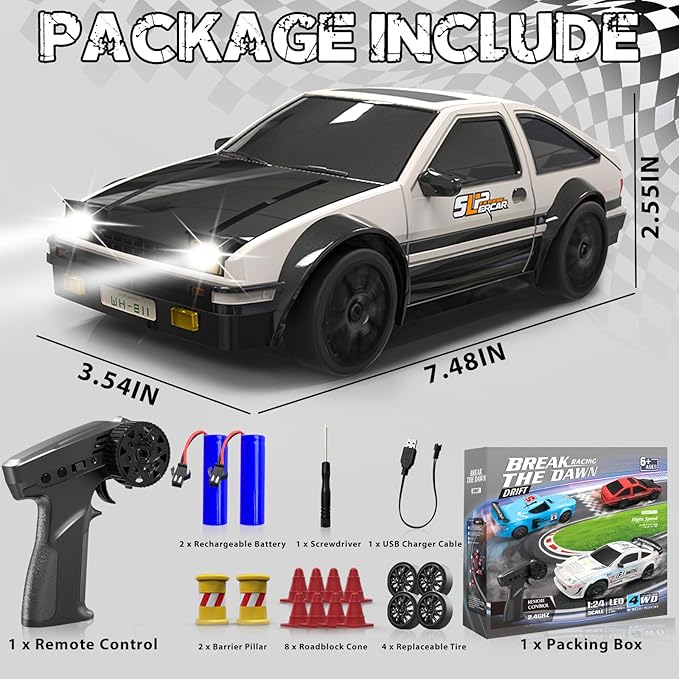 RC Drift Car, 1/24 Remote Control Car, 2.4Ghz 17KM/H High Speed RC Cars with LED Lights, Extra Tires, 2 Rechargeable Batteries, 4WD Racing Car Toys Christmas Birthday Gift for Kids Boys Girls Adults