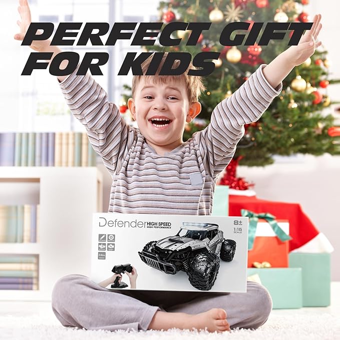 Tecnock RC Car 1/16 Scale Remote Control Car for Boys, High Speed 20 Km/h All Terrains Rc Monster Truck with Two Rechargeable Batteries & Head Chassis Lights Gift Toy for Kids Adults, Silver