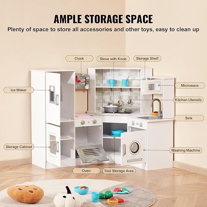 VEVOR Interactive Wooden Toy Play Kitchen Playset for Kids with Lights and Sounds, Corner Design with Ice Maker, Oven, Sink, Clock, Microwaves, Refrigerator and Accessories, for Girls & Boys, White