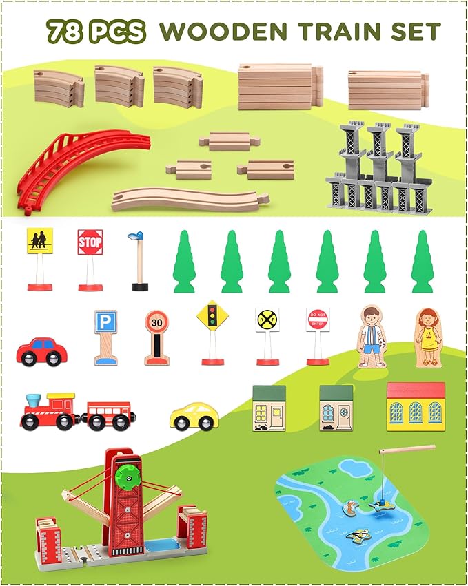 SainSmart Jr. Wooden Train Set for Toddler, Double-Side Wood Train Track with 4 Trains Fits Brio, Thomas, Melissa and Doug, Toy Railway Kit for Kids Ages 3+