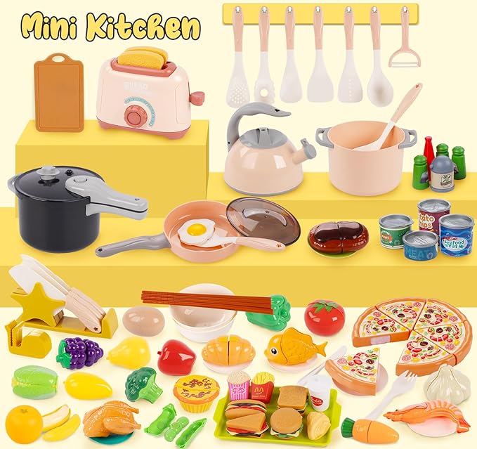 106Pcs Play Kitchen Accessories, Kids Kitchen Toy, Toddler Pretend Cooking Playset with Play Pots,Cooking Utensils,Toy Vegetables,Preschool Learning Education Toys Gift for Girls Boys