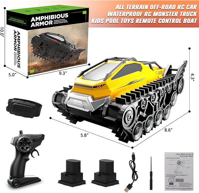 Fistone Amphibious Remote Control Car, 2.4Ghz All-Terrain Truck with Gesture Sensing, 360° Rotating RC Tank Crawler Waterproof Off-Road Car, Boat for Kids Boys