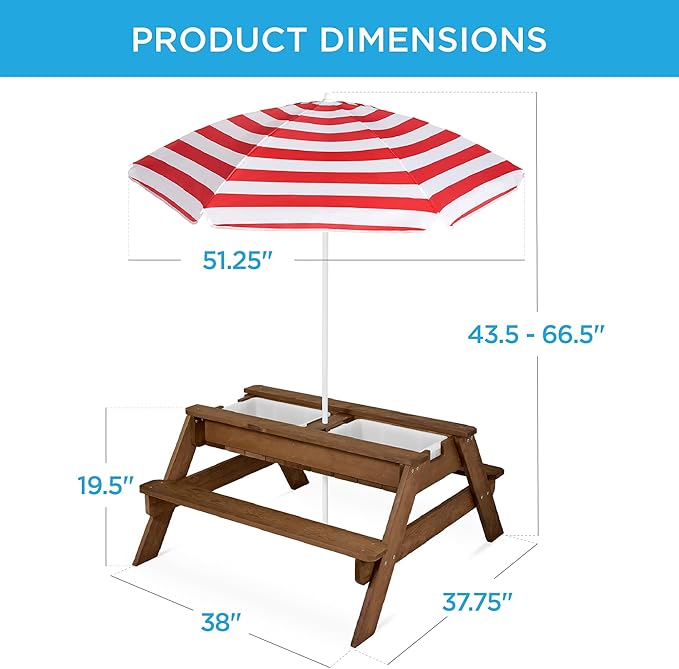 Best Choice Products Kids 3-in-1 Sand & Water Table, Wood Outdoor Convertible Picnic Table w/Umbrella, 2 Trays, Removable Top, 220lb Capacity Per Bench -Walnut/Red