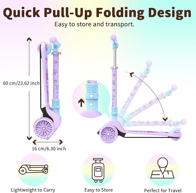 BELEEV A9 Kids Scooter with LED Light-Up Wheels & Deck, 3 Wheel Folding Scooter for Toddlers Girls Boys Ages 3-12, Adjustable Handlebar, Lean to Steer, Extra-Wide Wheels, Kick Scooter for Children