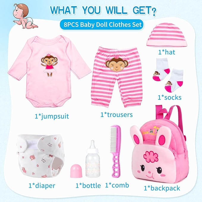 8 Pieces Reborn Doll Clothes Pink Accessories Set with Backpack for 17-22 inch Reborn Baby Doll Girl Clothing Kids Caring Set