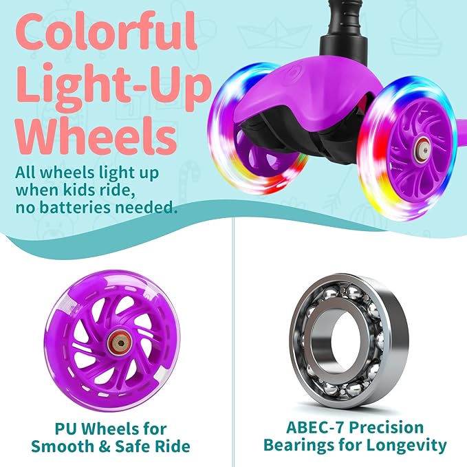 BELEEV A1 Scooter for Kids Ages 2-6, 3 Wheel Kick Scooter for Toddlers Girls Boys, Light up Wheels, Adjustable Height, Lean to Steer, Non-Slip Deck, Lightweight Push Scooter for Children