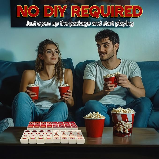 65 Tiles 30 mm Movie Night Mahjong Block Set with Storage Bags 2 Player Mahjong Push Tile Game Popcorn Drinks Pattern No DIY Required for Friend Family Game Night Party Gift (Melamine)