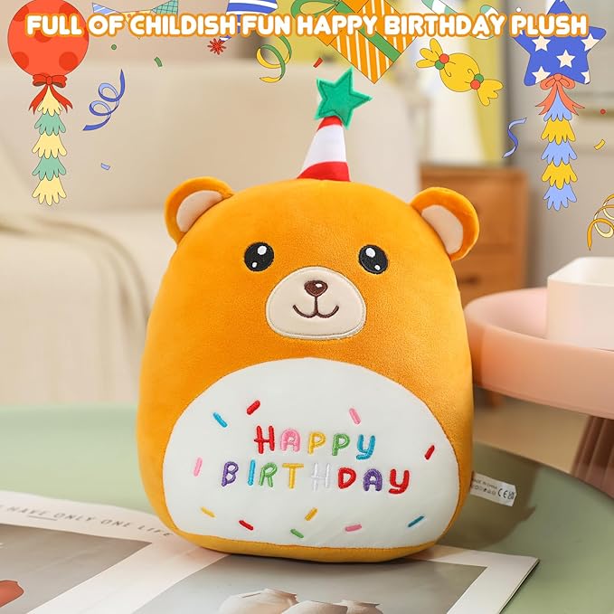 SQEQE Bear Plushie Birthday Bear Stuffed Animal Creative Plush Pillow Birthday Party Home Room Decoration Doll Gift for Kids 10 Inch