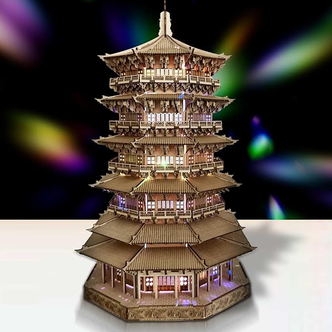 Wooden Pagoda 3D Puzzle for Adults - Wooden Puzzles, Creative Crafts for Adults, Birthday Christmas Party Favors Home Decor Gift - Six-Storied Pagoda with LED Light (1287pcs)