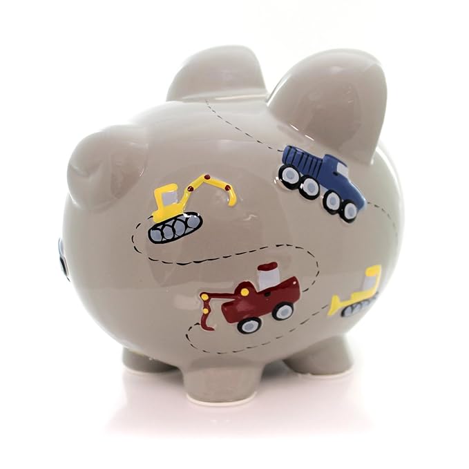 Child to Cherish Ceramic Piggy Bank for Boys, Construction Trucks, Grey