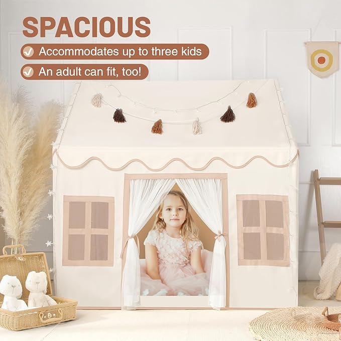 Kids Play Tent Indoor: with Mat, Tassel Garland, Star Lights - Toddler Girl Tent Indoor Playhouse for Toddlers Kids Toys for Boy Girl Birthday Gift