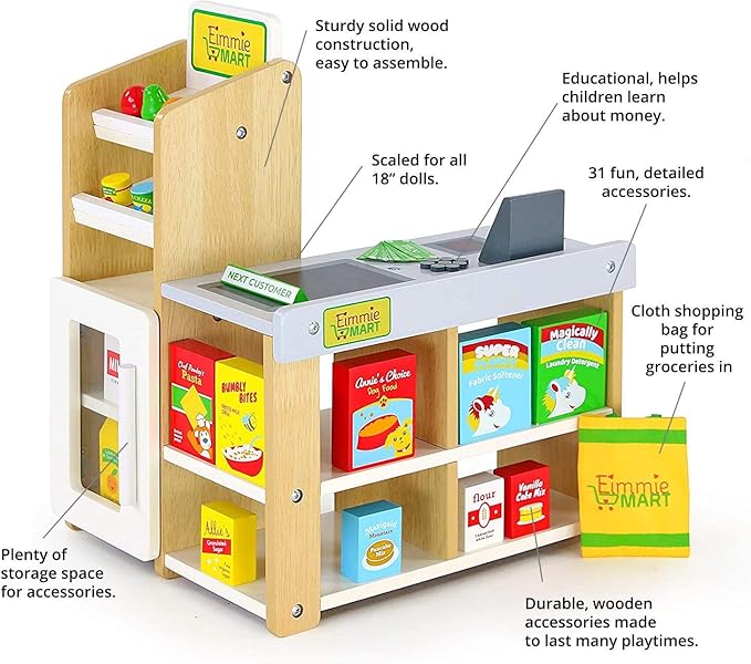 Playtime by Eimmie 18 Inch Doll Furniture Grocery Store Set - Wooden Playset with 25+ Accessories, Fits American, Generation, My Life & Similar 14”-18” Dolls