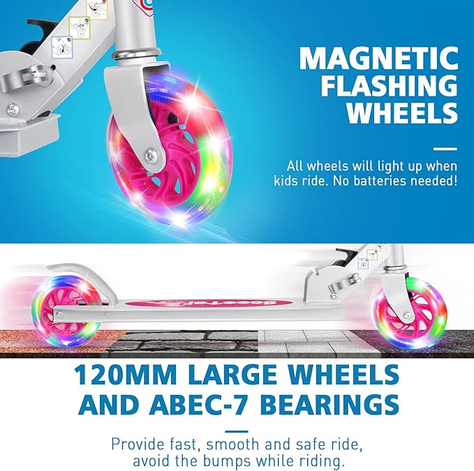 BELEEV V1 Scooters for Kids, 2 Wheel Folding Kick Scooter for Girls Boys, 3 Adjustable Height, Light Up Wheels, Lightweight Scooter with Sturdy Frame, Kickstand for Children 3 to 12 Years Old