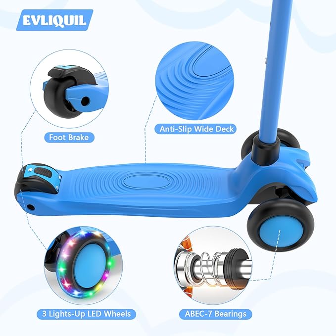 Kids Kick Scooter,Adjustable Height Handlebars and Removable Seat Scooters for Kids,3 Lighted Wheels Anti-Slip Deck Toddler Scooter for Boys & Girls Aged 3-12 up to 132 Lbs.