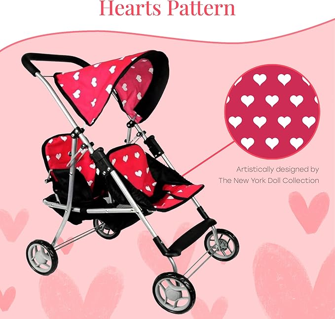 My First Doll Twin Stroller - Cutest Heart Design Doll Twins Stroller - Great Toy Gift for Girls