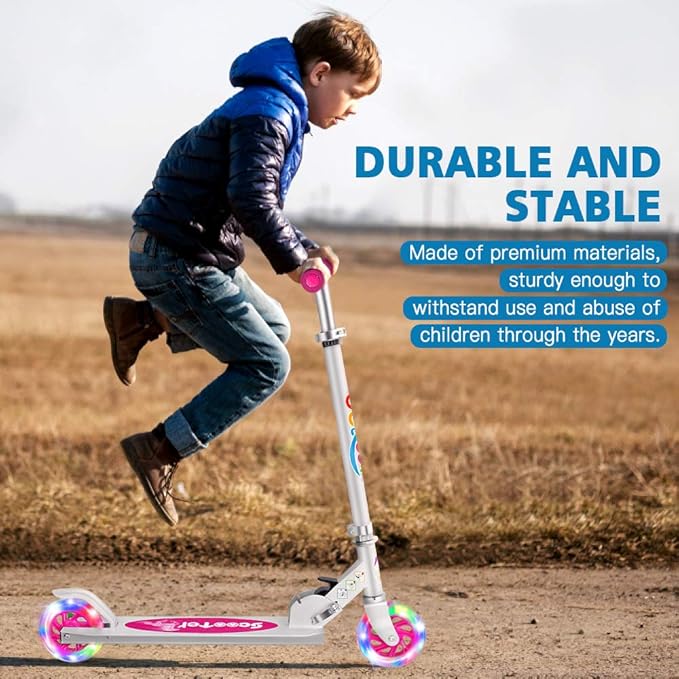 BELEEV V1 Scooters for Kids, 2 Wheel Folding Kick Scooter for Girls Boys, 3 Adjustable Height, Light Up Wheels, Lightweight Scooter with Sturdy Frame, Kickstand for Children 3 to 12 Years Old