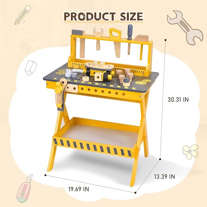 Kids Tool Bench with Sturdy Wood, Toddler Workbench with Realistic Toy Construction Set, Toy Tools Set and Multiple Ceative Pieces for 3-6 Year Old Boys and Girls, Yellow