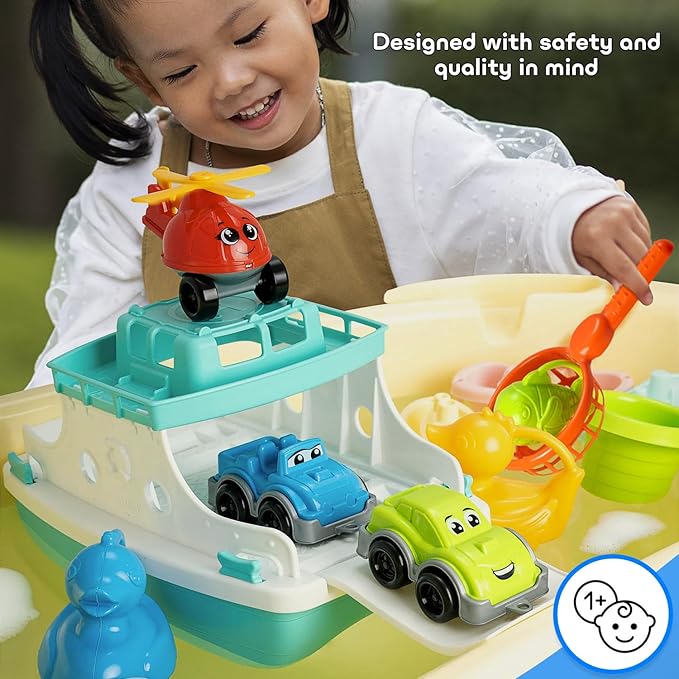Ferry Boat Kids Bath Toy Set – 17 Pcs Toddler Pool Toys with Stacking Cups, Toy Ferry Boat, Train, 2 Cars & A Helicopter Addition for Fun Water Play, Toddler Bath Toys for 1 Year Old & Up