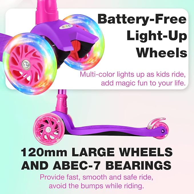 BELEEV A2 Scooters for Kids 3 Wheel Kick Scooter for Toddlers Girls Boys, 4 Adjustable Height, Lean to Steer, Light up Wheels, Extra-Wide Board, Easy to Assemble for Children Gift Sport Toys Ages 3-12