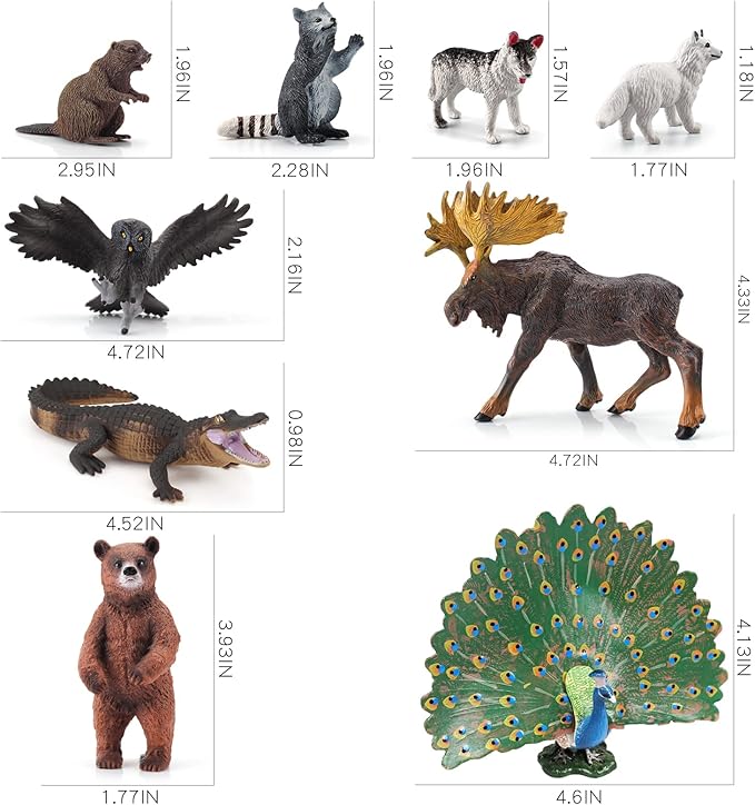 Woodland Animals Figures Playset 9PCS Forest Animal Figurines Toys Set Plastic Animals Figure Bear,Peacock Crocodile,Arctic Fox Figure
