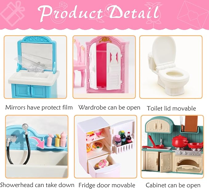 74 Pcs Dollhouse Furniture Mini Doll House Furniture Accessories Set Miniature 1 12 Scale Furniture Small Play House Toy Kids Toddler Boy Girl Tiny House Kitchen Bedroom Bathroom Living Room
