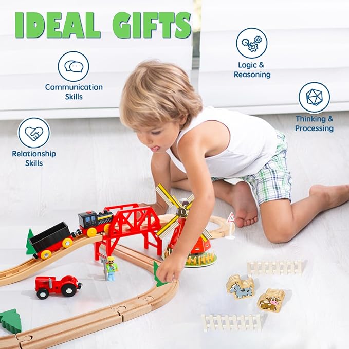 Wdmiya Wooden Train Set for Toddlers, 38 Pcs Wooden Train Track for Kids, Train Toy with Bridge and Tracks (Fits Thomas & Brio), Christmas Birthday Trains Gift for 2 3 4 5 6 7 8 Years Old (Pinwheel)