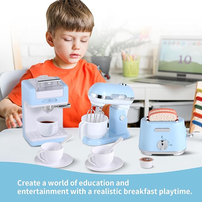 Pretend Play Kitchen Appliances Toy Set, Kids Kitchen Accessories Set with Coffee Maker, Toaster, Mixer with Light and Sound, Gift for Girls Boys Kids Ages 3 4 5 6 7 8(Blue)