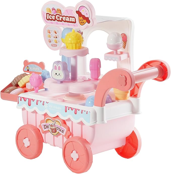 VEVOR Ice Cream Cart for Kids, 27 PCS Accessories, Pretend Play Store with Storage Trolley with Pretend Money, Sound & Light Effects, Montessori Educational Ice Cream Truck Toys for Toddlers 3+ (Pink)