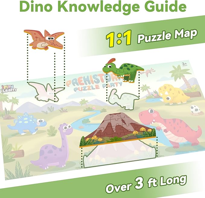 iPlay, iLearn Floor Puzzle for Kids Ages 3-5 4-6, Dinosaur Jigsaw Puzzle, 52Pcs Wooden Jumbo Dino Animal Puzzles Game, Toddler Educational Learning Toy, Preschool Birthday Gifts for Boy Girl Child