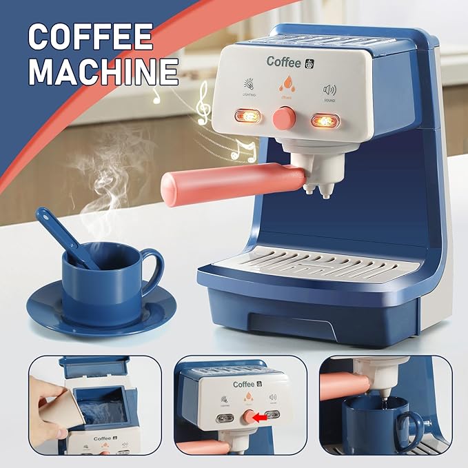 Kids Assorted Kitchen Appliance Play Toys Includes Coffee Maker ,Blender,Fruit Machine and Toaster ,Apron and Cups,with Realistic Lights& Sounds,Learning Gift for Toddlers Baby Girls Boys-Blue