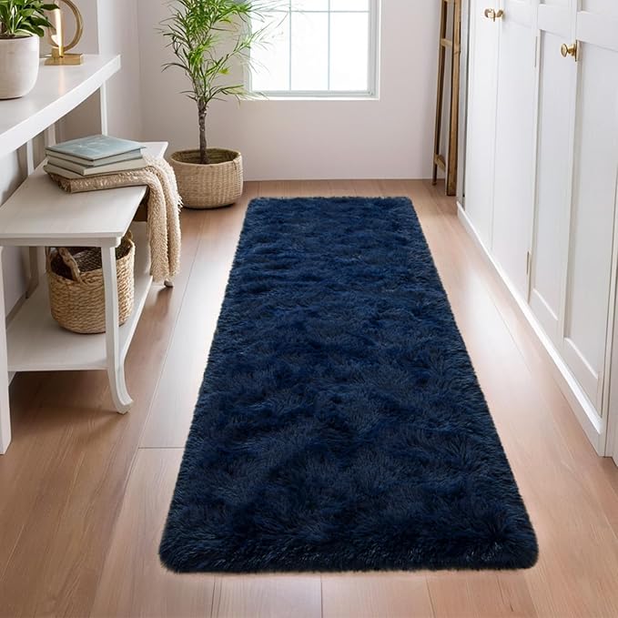 Nuttumico 2x6 Feet Ultra Soft Runner Rugs for Bedroom with Upgraded Non-Slip Rubber Backing, Fluffy Shag Throw Area Rugs for Hallways Bedside Nursery Dorm Kids Boys Girls Room, Navy Blue