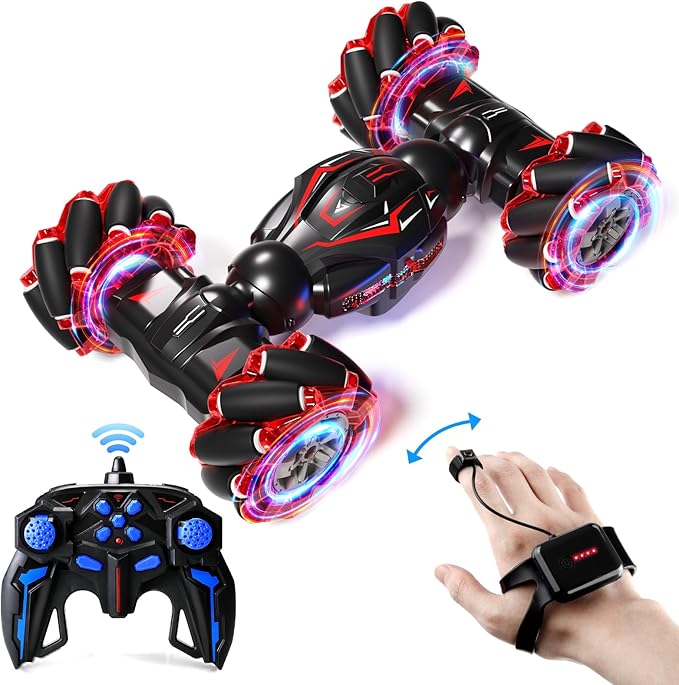 Deejoy 1:12 Red RC Stunt Car, 2.4GHz 4WD Remote Control Gesture Sensor Toy, Double Sided Rotating Off Road Vehicle 360° Flips with Lights Music, Cars for Boys & Girls Birthday