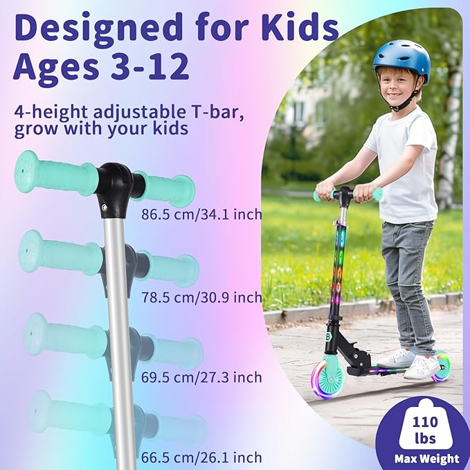 BELEEV V3 Scooter for Kids with Light-Up Wheels & Stem & Deck, 2 Wheel Folding Scooter for Girls Boys, 4 Adjustable Height, Lightweight Kick Scooter with Handy Kickstand for Children Ages 3-12