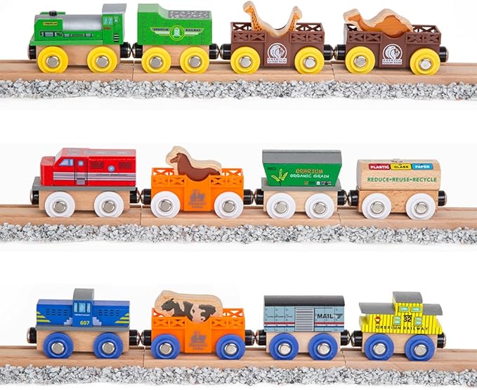 Toys 12 (18 Pcs) Wooden Engines & Train Cars Collection with Animals, Farm Safari Zoo Wooden Animal Train Cars, Circus Wooden Train Compatible with Thomas, Brio, Chuggington